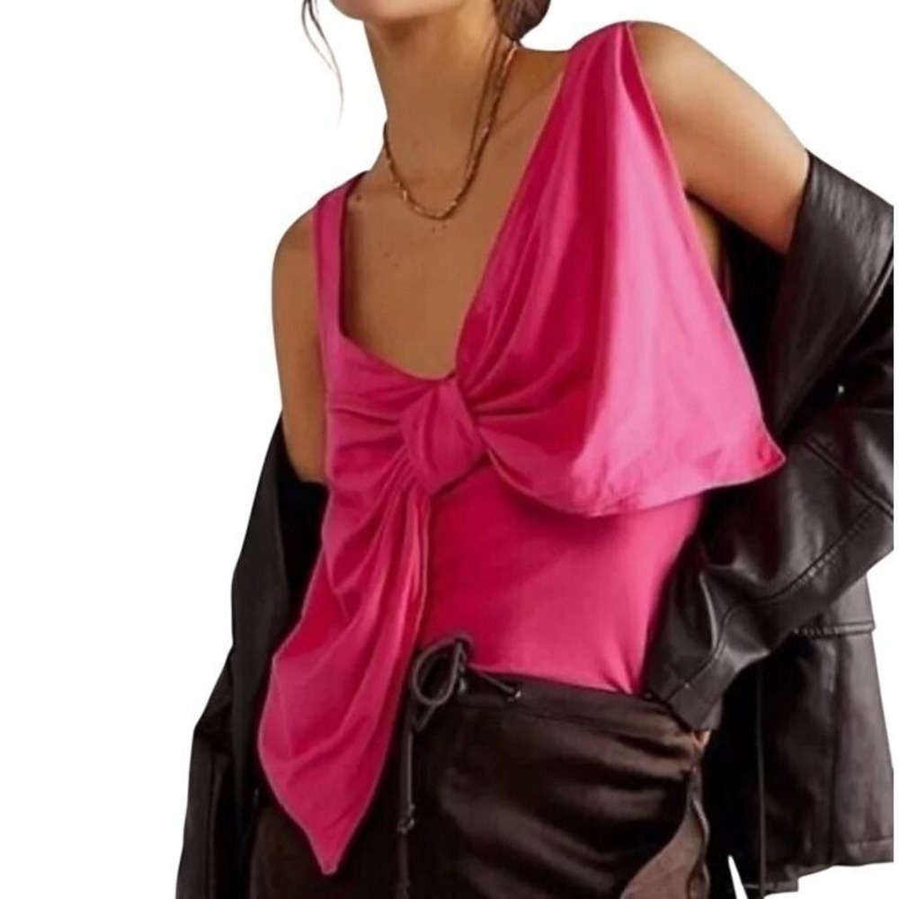 Free People Bow Tank Top‎ Womens M Pink Sleeveless Stretch Knot Front Babydoll